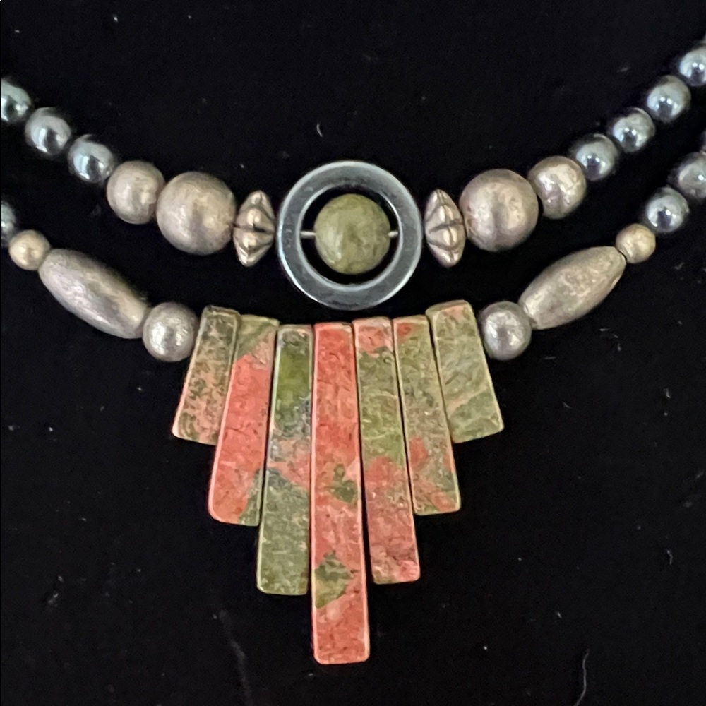 Ukanite Gemstone Fan Pendant Southwestern Beaded 19” Necklace - Picture 3 of 9